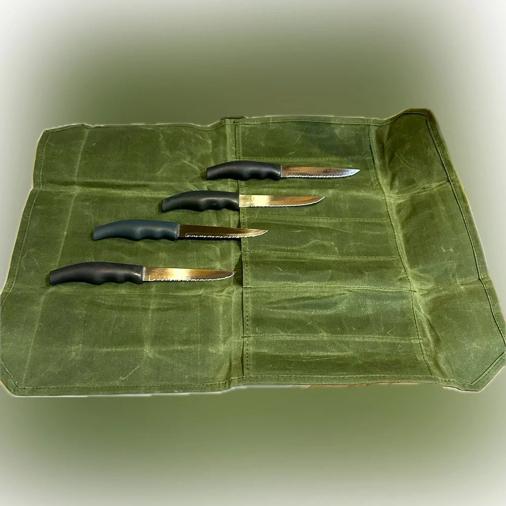FOREVER SHARP 4 PIECE GOURMET STAINLESS STEAK KNIVES IN WAXED CANVAS KNIFE ROLL